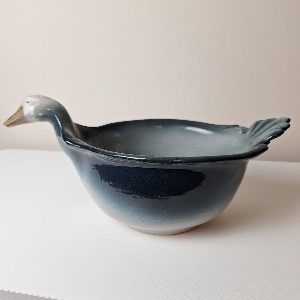 Vintage Flat Earth Pottery Goose Bowl Salt Glaze Handmade 1988 13.75" Long